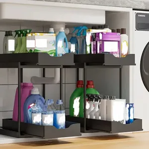 Étagère de rangement de cuisine en plastique à double couche, type extractible, stable, antidérapante, multifonctionnelle, cinq crochets, rangement <span class=keywords><strong>sous</strong></span> l'évier - Product Image 4