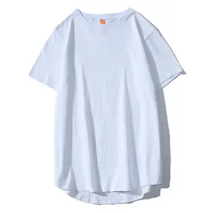 Venta al por mayor de color sólido liso o cuello manga corta dobladillo curvo hombres unisex mujeres algodón blanco camiseta en blanco