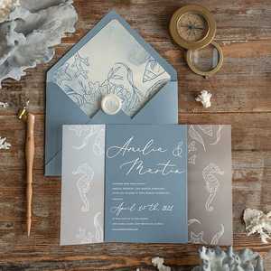 Invitación de Boda de Lujo en Papel Náutico Azul Polvoriento con Diseño de Caballito de Mar, Estrella de Mar, Coral y Concha, Sello de Cera e Impresión Personalizada - Product Image 2