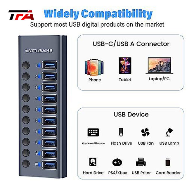 Multi-port USB 3.0 Hub 10 Ports High Bandwidth Splitter, Widely Compatible Expansion Dock for Notebook Desktop PC