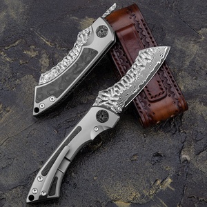 Coltello Tascabile <span class=keywords><strong>Higonokami</strong></span> Pieghevole in Damasco con Manico in Titanio e Fibra di Carbonio, Fatto a Mano OEM per Sopravvivenza, Campeggio e Caccia - Product Image 4
