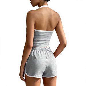 Women Brown Halter Sleeveless Knitted Casual Sports Crop Top Shorts Set Striped Breathable Spring Summer Wear - Product Image 6