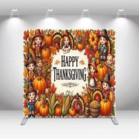 Latar Belakang Booth Foto Pertunjukan Thanksgiving untuk Anak-Anak, Labu, Kalkun, Daun Maple, Latar Belakang Fotografi Dua Sisi yang Dapat Disesuaikan
