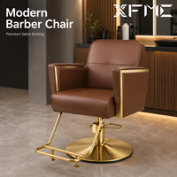 Fauteuil de Barbier Professionnel XFMC, Chaise de Coiffure de Luxe en Cuir Marron, Chaise Hydraulique à Rotation 360 Degrés, Cadre Doré, OEM ODM