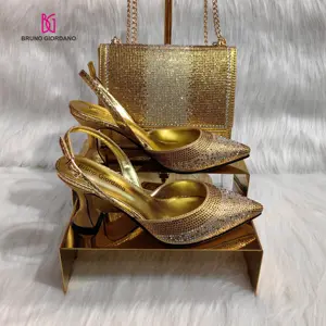 Sapatos de casamento africanos com bomba, sapatos e bolsas femininas de cristal dourado de alta qualidade, fabricação original italiana, Bruno Giordano