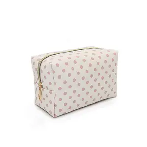 2023 Trending PU Pink Polka Dot Makeup Bag Leather Zipper Organizer Toiletry Pouch for Women