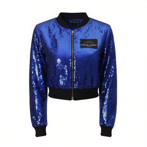 เสื้อแจ็คเก็ตผ้าแคนวาสผู้หญิงแบบมีประกายวิบวับ แต่งเลื่อมแบบเย็บติด พร้อมซิปด้านหน้า ดีไซน์แบบครอป ซับในผ้าไหมระบายอากาศได้ดี และมีหมวกถอดออกได้ - Product Image 1