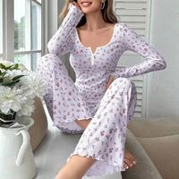 Nouvelle arrivée, vêtements de nuit, pyjama à manches longues avec col en V, imprimé floral, ensemble de pyjama pour femmes
