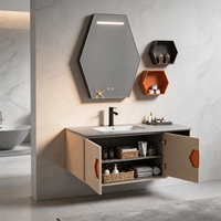 Armoire de salle de bain au design hexagonal finition mate avec miroir intégré et rangement dissimulé, miroir rétroéclairé par LED