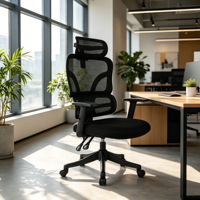 Chaise de bureau ergonomique en plastique noir à dossier haut avec appui-tête réglable et accoudoirs réglables en hauteur pour le bureau à domicile