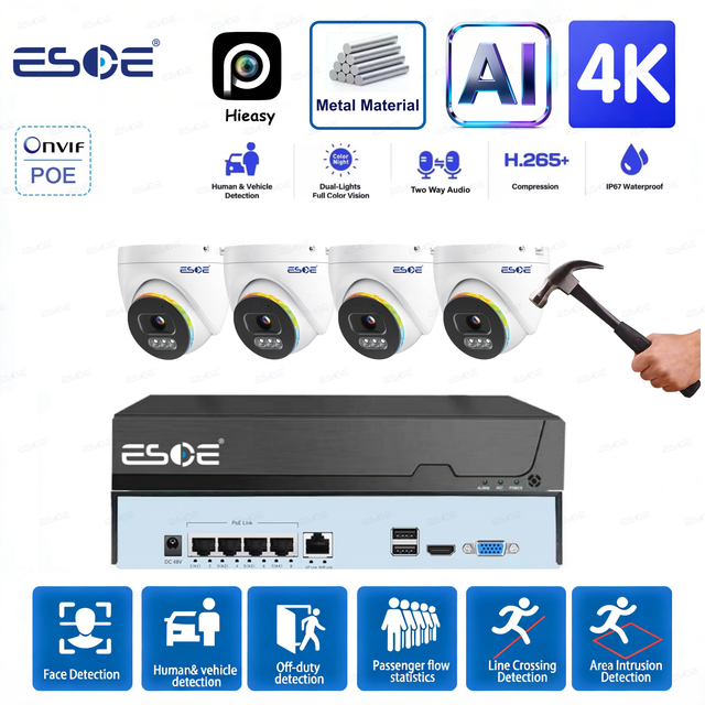 Exclusive New Model Hieasy IP67 Metal 4Channel 4K AI Face Recognition PoE NVR Kit CCTV Camera System 4K Network Video Recorder
