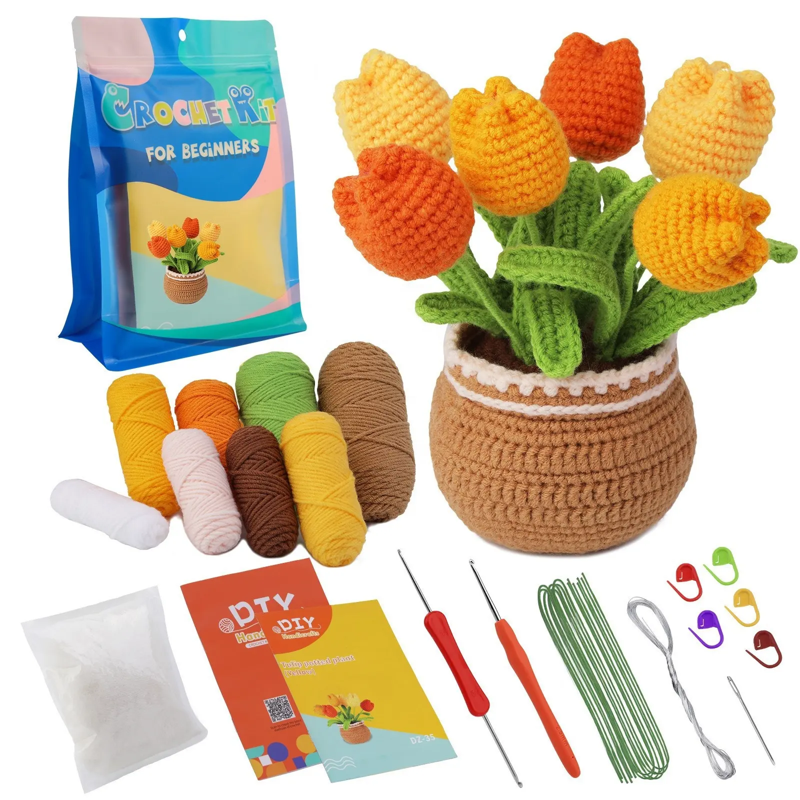 Gran oferta, tulipanes de ganchillo hechos a mano, flores en maceta tejidas, girasol, lavanda, Margarita pequeña, juego de ganchillo DIY para principiantes