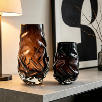 Vase en verre ambré dégradé ondulé soufflé à la main RYLAVA, vase à fleurs en verre texturé irrégulier pour la décoration de la maison, ornement de table