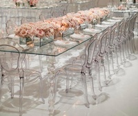 Table rectangulaire longue transparente pour mariage avec base en acrylique et plateau en verre trempé pour les événements de mariage