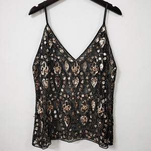 Camisola de Verano con Lentejuelas y Cuentas, Sexy, Entallada, Corta, con Cuello en V, Chaleco Elegante para <span class=keywords><strong>Mujer</strong></span>, Tejido Dobby, Poliéster, Patrón Geométrico - Product Image 6