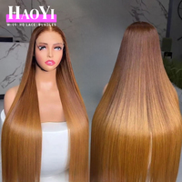 Peluca frontal con cierre de encaje HD sin pegamento, color marrón ombré con rubio miel, cabello humano virgen brasileño SDD liso original