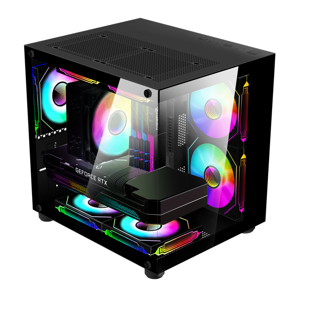 Black Sea View Glass Gaming Case M-ATX Mid Tower PC Case Aluminum Alloy Desktop Cabinet with Power Supply ITX Form Factor