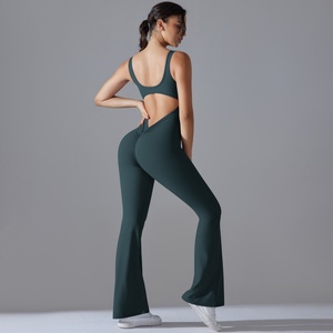 Combinaison de yoga et de gym sans manches à col en V pour femme, ensemble complet avec leggings évasés fendus, tenue de fitness pour femme, vente chaude - Product Image 5