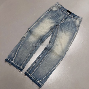 Jeans en denim bleu vintage personnalisés pour hommes, effet délavé, coupe courte, style baggy - Product Image 3
