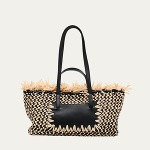 Sac fourre-tout en <span class=keywords><strong>paille</strong></span> tissé sur mesure avec garniture en cuir véritable, sac à main d'été pour la plage pour femmes - Product Image 1
