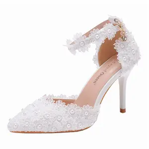Handmade bride sandals elegant fashion wholesale thin high pointed toe white lace women wedding shoe