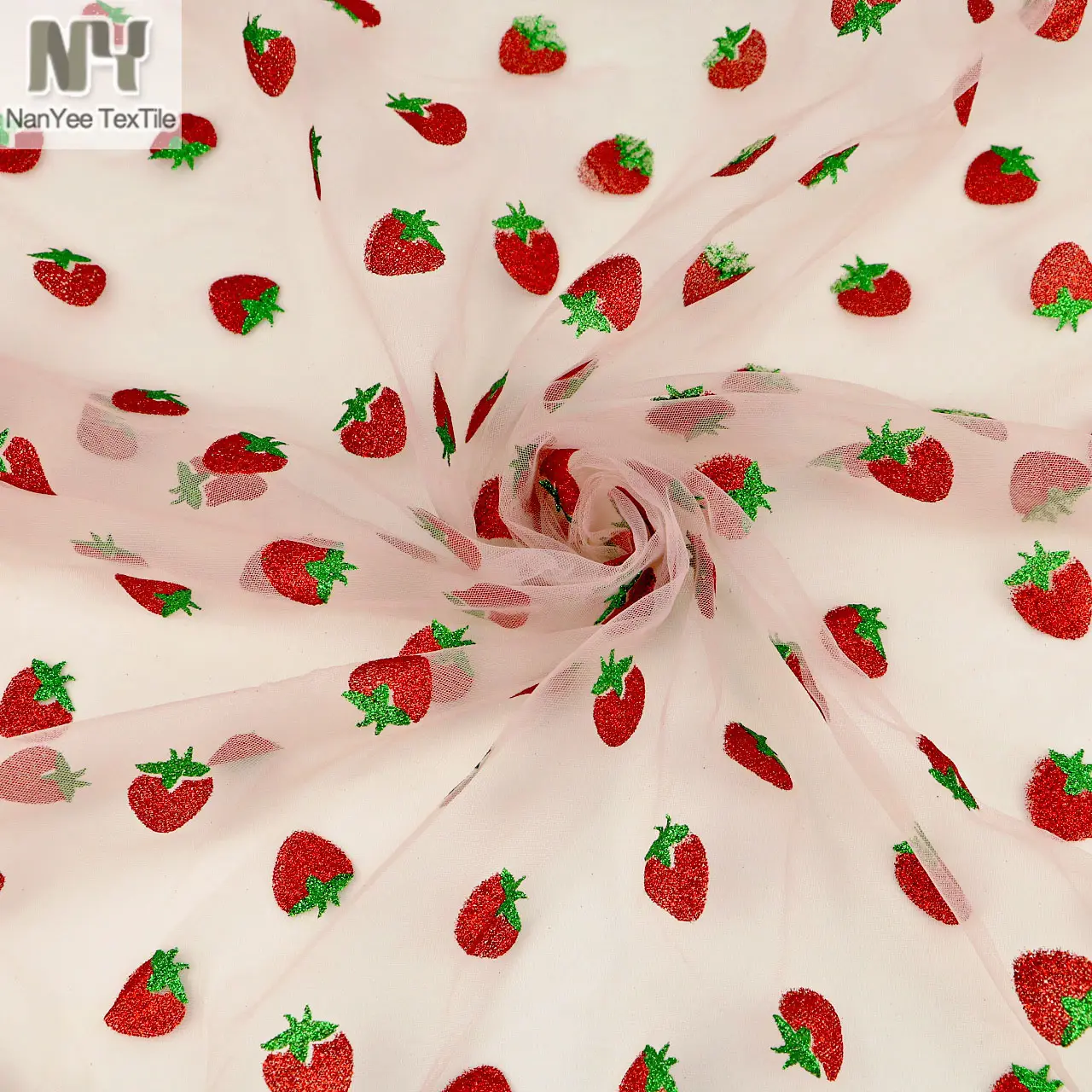 Nanyee Textile Fruit Design Foiled Red Green Strawberry Glitter On Tulle Fabric For Kids' Wear