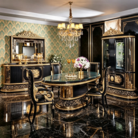 Elegantes Schwarz-Gold Luxus Antik Esszimmer-Set Französisch Geschnitztes Holz Sideboard Spiegelschrank KD Villa Wohnmöbel