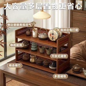 Desktop Shelf <b>3</b> Tier Small Wood Storage Rack For Tea Set And Purple Clay Teapot Display On Office Desk - Product Image 2