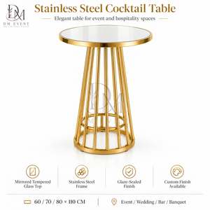 Custom Gold <b>Stainless</b> <b>Steel</b> Round Tapered Rod Cocktail <b>Table</b> with Mirrored Tempered Glass Top for Wedding Banquets - Product Image 3