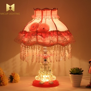 Lampe de table en tissu floral romantique avec base en cristal, double commande, lampe de chevet pour chambre à coucher, décoration intérieure - Product Image 1
