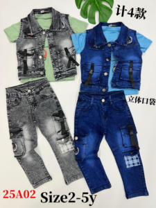 Vetement denim đổ enfants trẻ em quần áo Bộ 3 mảnh trẻ em mặc tùy chỉnh Toddler Quần áo bộ cho bé trai - Product Image 2