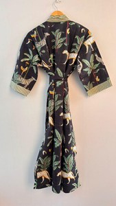 Robe longue pour femme à imprimé animal, manches courtes, col en V, en coton tissé, imprimé au bloc, décontractée, pour l'été, avec fermeture à nouer - Product Image 3