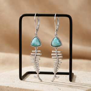 Gourik Larimar Fishbone Drop <b>Earrings</b> 925 <b>Silver</b> Vintage Style Women's Wedding <b>Dangle</b> <b>Earrings</b> - Product Image 2