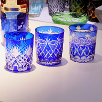 Verre à whisky en verre bleu de style japonais Edo Kiriko, fabriqué en usine, pour les bars et la préparation de cocktails à domicile