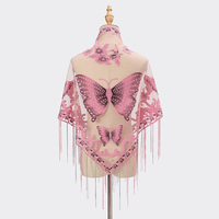 Nouveauté Poncho Femme Écharpe d'été Broderie Papillon Châle Triangle Polyester Dentelle Pompon Hijab