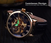 Forsining 3D Logo Design Creux Gravure Noir Boîtier Or Cuir Squelette Montre Mécanique Homme Luxe Mode Horloge Cadeau