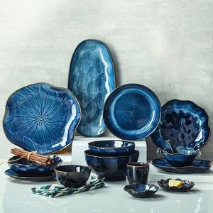 Elegante Juego <span class=keywords><strong>de</strong></span> <span class=keywords><strong>Vajilla</strong></span> <span class=keywords><strong>de</strong></span> Cerámica con Forma <span class=keywords><strong>de</strong></span> Hoja <span class=keywords><strong>de</strong></span> Loto, Esmalte Azul Retro, Hecho a Mano con Esmalte Cambiante al Horno, para Cenas en Casa, Fiestas y Regalos - Product Image 1