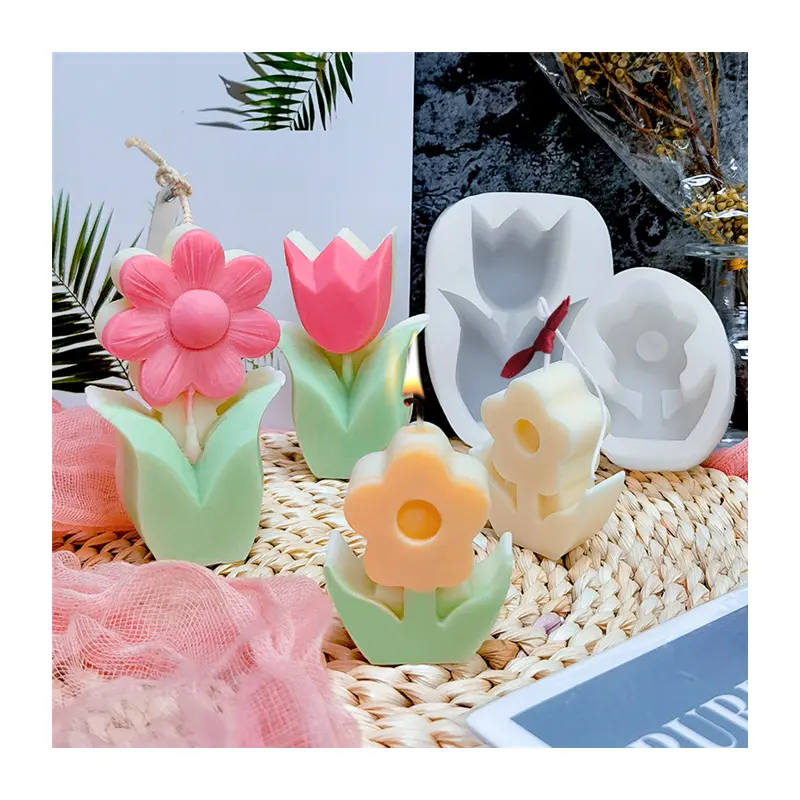 Vela de silicona M2009, molde de vela de tulipán 3D, forma de flor de tulipán abrasiva, vela de cera de soja personalizada