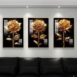 Bingkai lampu LED berlian porselen kristal mewah Modern mawar emas abstrak baru lukisan dinding bunga teratai seni kanvas seni dinding - Product Image 2