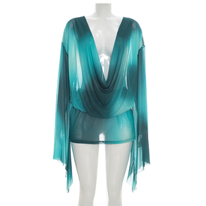 Viviblook J26DS159 Robe d'été pour femme, nouvelle robe décontractée à imprimé numérique, asymétrique, à manches longues, col tombant, en maille, mini-robe - Product Image 1