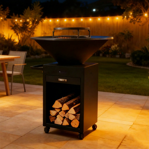 Modern Cast Iron Charcoal <b>BBQ</b> <b>Grill</b> with Wood Storage Trolley Outdoor Fire Pit Matte Finish - Product Image 1