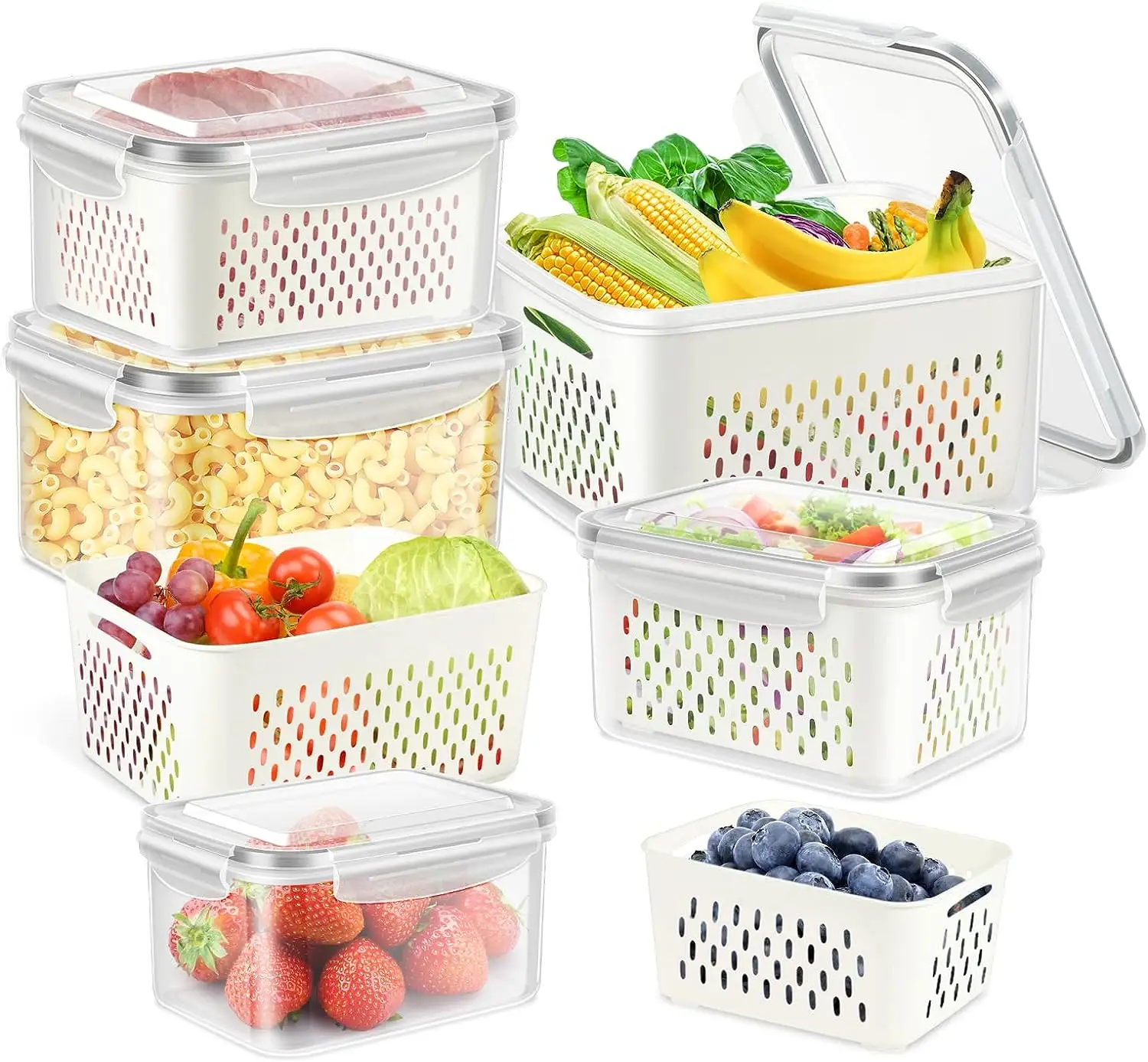 Food Fruit Storage Containers for Fridge Produce Saver Organizers with Drain Baskets Fridge Storage Box Bin with Airtight Lid