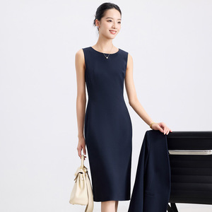Sleeveless Sheath Dress Navy Blue O-Neck Mid Length Solid Color Career Dress Women's Office Wear - Product Image 5