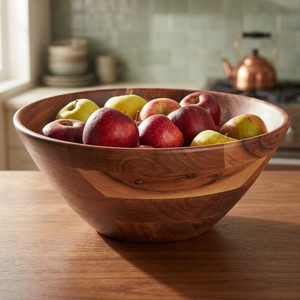 Vintage Acacia Wood Salad <b>Bowl</b> Large Curved Polished Eco-Friendly Dishwasher Safe <b>Party</b> Food Serving - Product Image 1