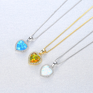925 Sterling Silver Blue Fire <strong>Opal</strong> Heart Pendant <strong>Necklace</strong> For Women Trendy Gold Plated Link Chain Fashion Gift - Product Image 4