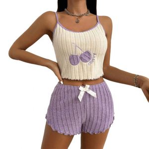 Embroidered Pajamas <b>Women</b> Summer Satin Brushed Camisole <b>Shorts</b> Set <b>Elastic</b> <b>Waist</b> - Product Image 5