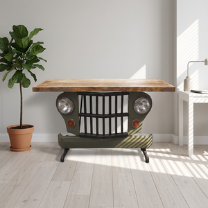 Table console de salon industrielle vintage recyclée avec plateau en bois inspiré des meubles automobiles look jeep - Product Image 1
