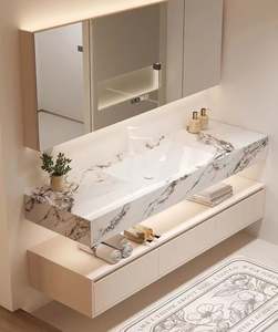 Vasque intégrée en pierre de style minimaliste moderne, série blanche haut de gamme, meuble-lavabo de salle de bain avec miroir intelligent extra large - Product Image 2