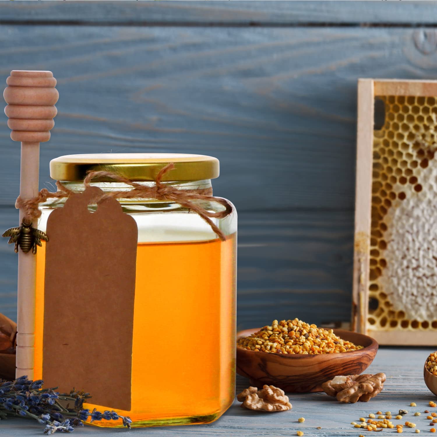 Clear Glass Jars 12 oz Glass Honey Jars with Golden Lids Wooden Honey Sticks