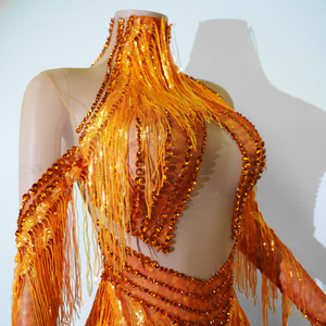 Body de Lujo Naranja con Flecos y Pedrería - Atuendo de Baile con Borlas Estilo Fuego para <span class=keywords><strong>Samba</strong></span>, Baile Latino, Festivales Rave y Diva del Carnaval - Product Image 6